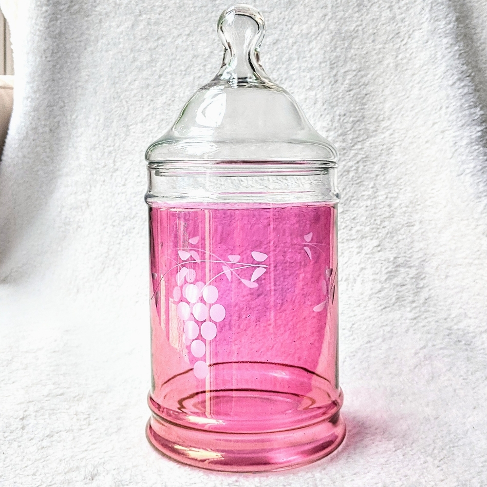 Vintage etched grape cranberry glass style candy dish apothecary jar